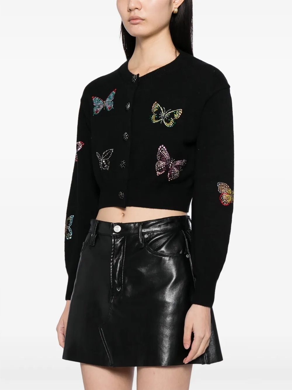 Cinq à Sept Lisette Butterfly Crystal Embellished Cropped Cardigan Black XS